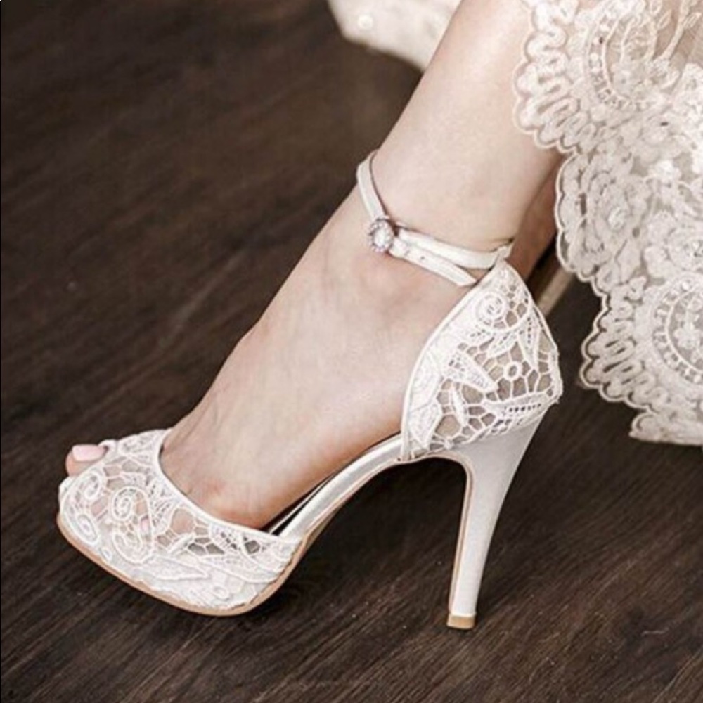 White Bridal Shoes Lace Heels Peep Toe Ankle Strap